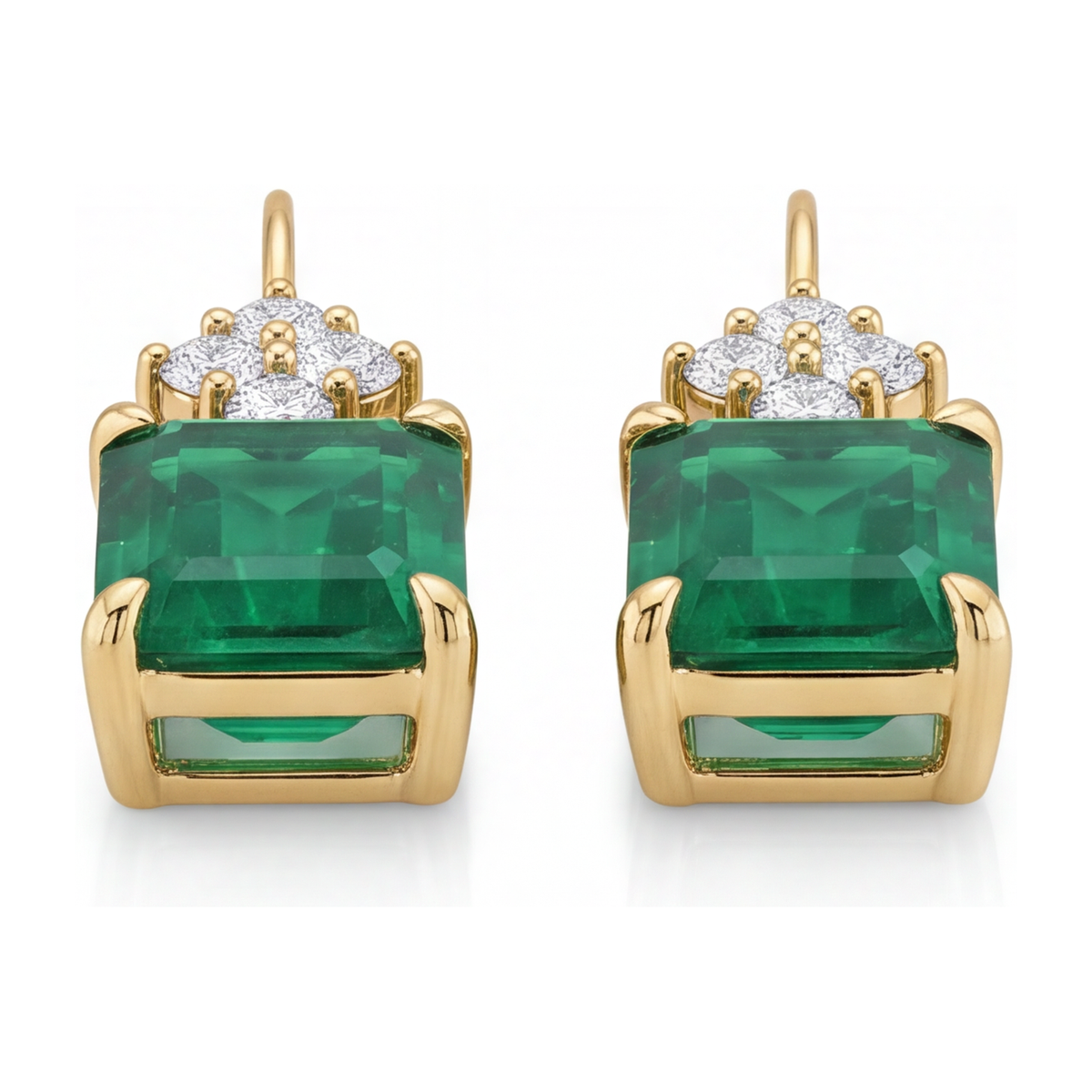 Green Emerald Earrings 4.5 Carat Lab Grown Emerald Cut Cluster Leverback 14K Yellow Gold