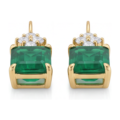 Green Emerald Earrings 4.5 Carat Lab Grown Emerald Cut Cluster Leverback 14K Yellow Gold