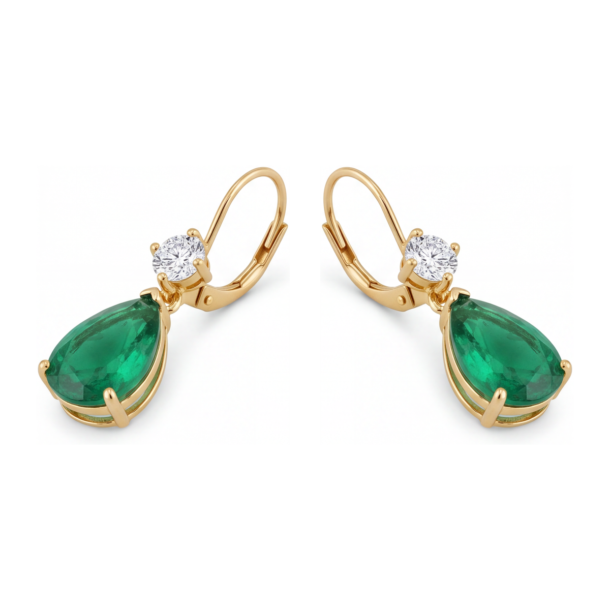 Green Emerald Earrings 4.5 Carat Lab Grown Pear Round Tops Leverback 14K Yellow Gold