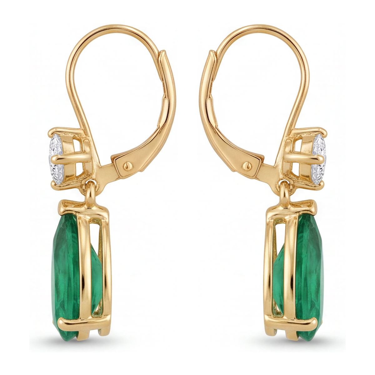 Green Emerald Earrings 4.5 Carat Lab Grown Pear Round Tops Leverback 14K Yellow Gold