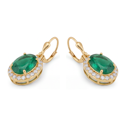 Green Emerald Earrings 4.5 Carat Lab Grown Oval Halo Leverback 14K Yellow Gold
