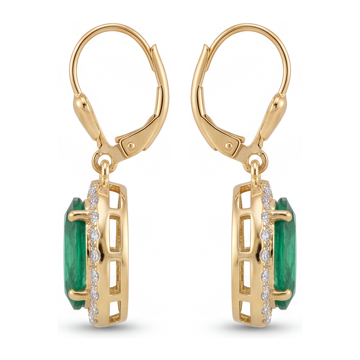 Green Emerald Earrings 4.5 Carat Lab Grown Oval Halo Leverback 14K Yellow Gold