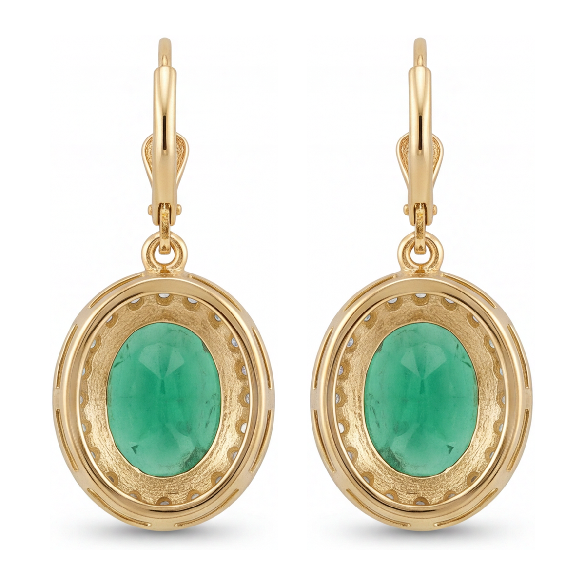 Green Emerald Earrings 4.5 Carat Lab Grown Oval Halo Leverback 14K Yellow Gold