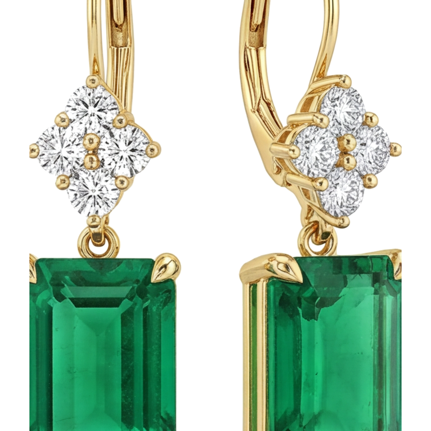 Green Emerald Earrings 4.5 Carat Lab Grown Emerald Cut Cluster Leverback 14K Yellow Gold