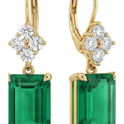 Green Emerald Earrings 4.5 Carat Lab Grown Emerald Cut Cluster Leverback 14K Yellow Gold