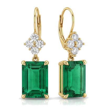 Green Emerald Earrings 4.5 Carat Lab Grown Emerald Cut Cluster Leverback 14K Yellow Gold