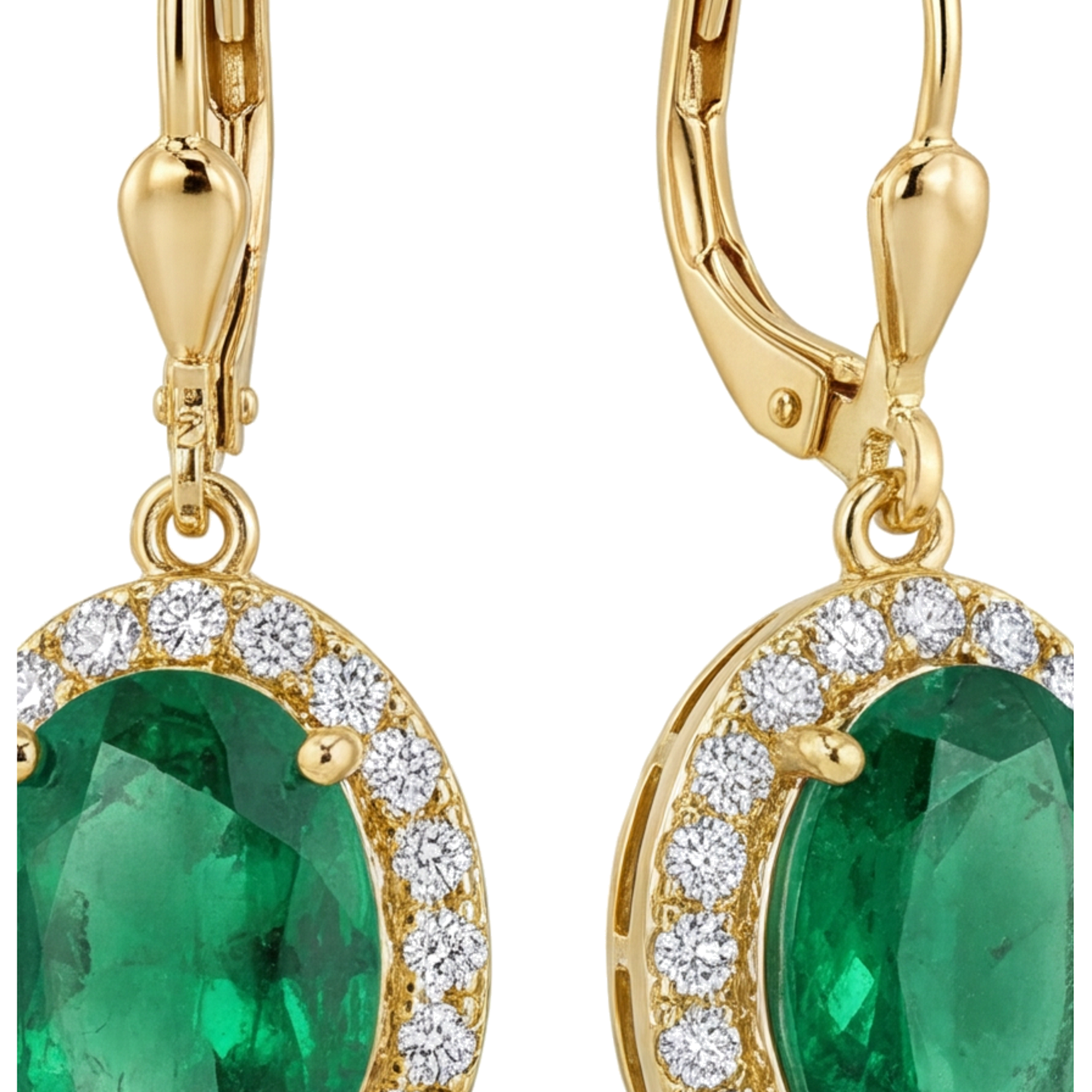 Green Emerald Earrings 4.5 Carat Lab Grown Oval Halo Leverback 14K Yellow Gold