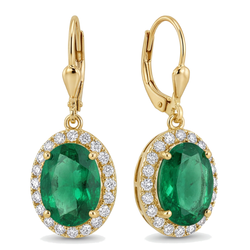 Green Emerald Earrings 4.5 Carat Lab Grown Oval Halo Leverback 14K Yellow Gold