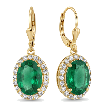 Green Emerald Earrings 4.5 Carat Lab Grown Oval Halo Leverback 14K Yellow Gold