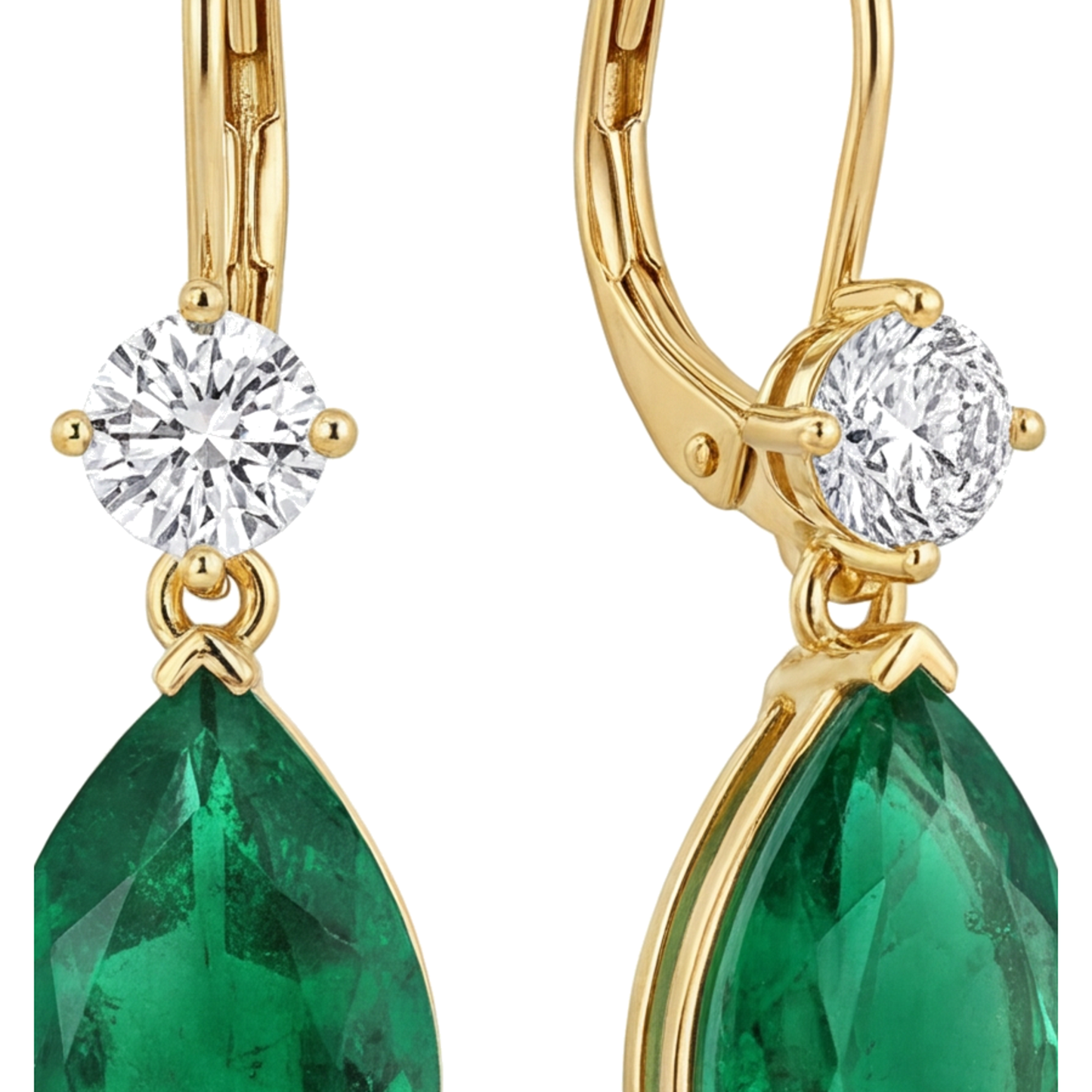 Green Emerald Earrings 4.5 Carat Lab Grown Pear Round Tops Leverback 14K Yellow Gold