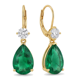 Green Emerald Earrings 4.5 Carat Lab Grown Pear Round Tops Leverback 14K Yellow Gold