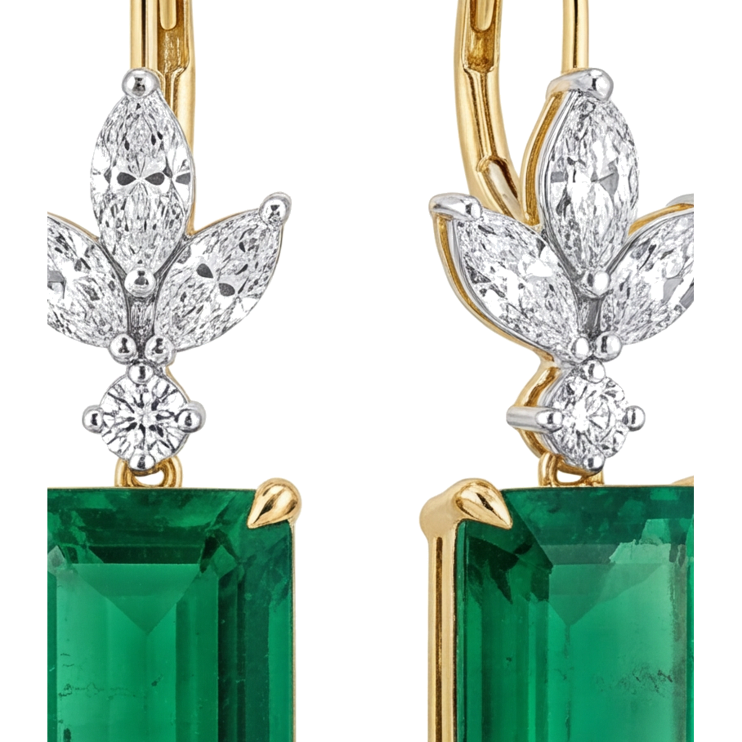 Green Emerald Earrings 4 Carat Lab Grown Emerald Cut Marquise Leaves Leverback 14K Yellow Gold