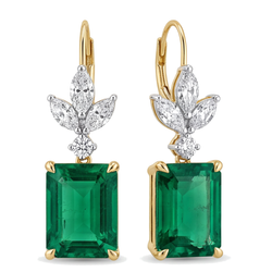Green Emerald Earrings 4 Carat Lab Grown Emerald Cut Marquise Leaves Leverback 14K Yellow Gold