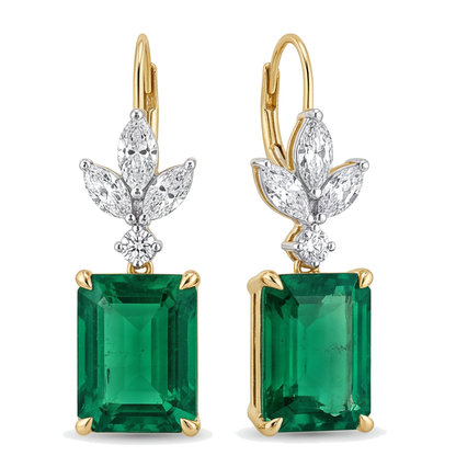 Green Emerald Earrings 4 Carat Lab Grown Emerald Cut Marquise Leaves Leverback 14K Yellow Gold
