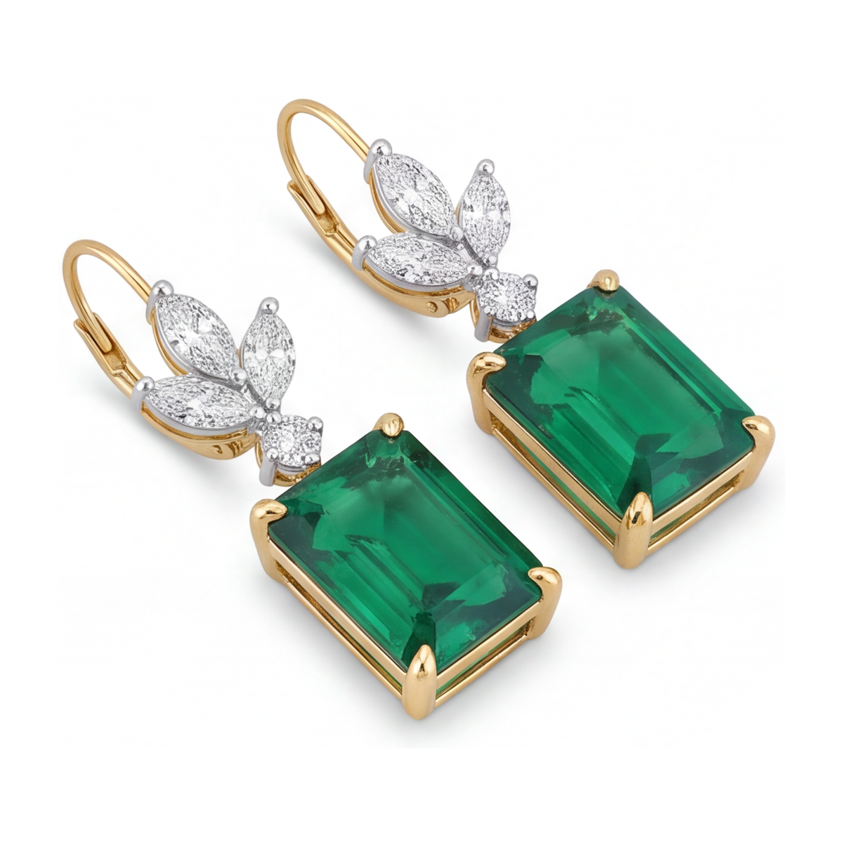 Green Emerald Earrings 4 Carat Lab Grown Emerald Cut Marquise Leaves Leverback 14K Yellow Gold