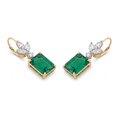 Green Emerald Earrings 4 Carat Lab Grown Emerald Cut Marquise Leaves Leverback 14K Yellow Gold