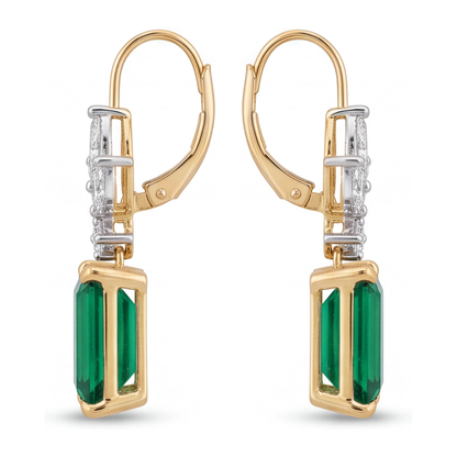 Green Emerald Earrings 4 Carat Lab Grown Emerald Cut Marquise Leaves Leverback 14K Yellow Gold