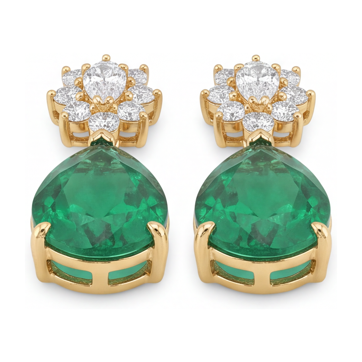 Green Emerald Earrings 5.5 Carat Lab Grown Pear Cluster Leverback 14K Yellow Gold