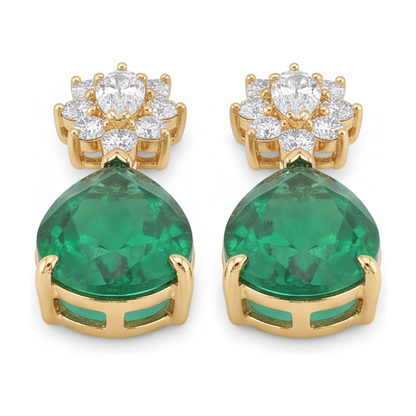 Green Emerald Earrings 5.5 Carat Lab Grown Pear Cluster Leverback 14K Yellow Gold