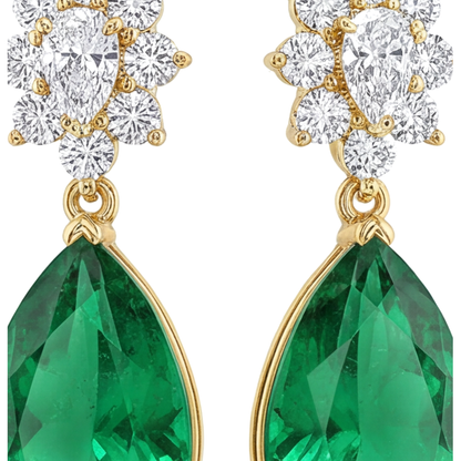 Green Emerald Earrings 5.5 Carat Lab Grown Pear Cluster Leverback 14K Yellow Gold