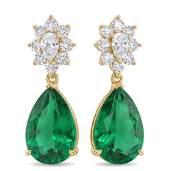 Green Emerald Earrings 5.5 Carat Lab Grown Pear Cluster Leverback 14K Yellow Gold