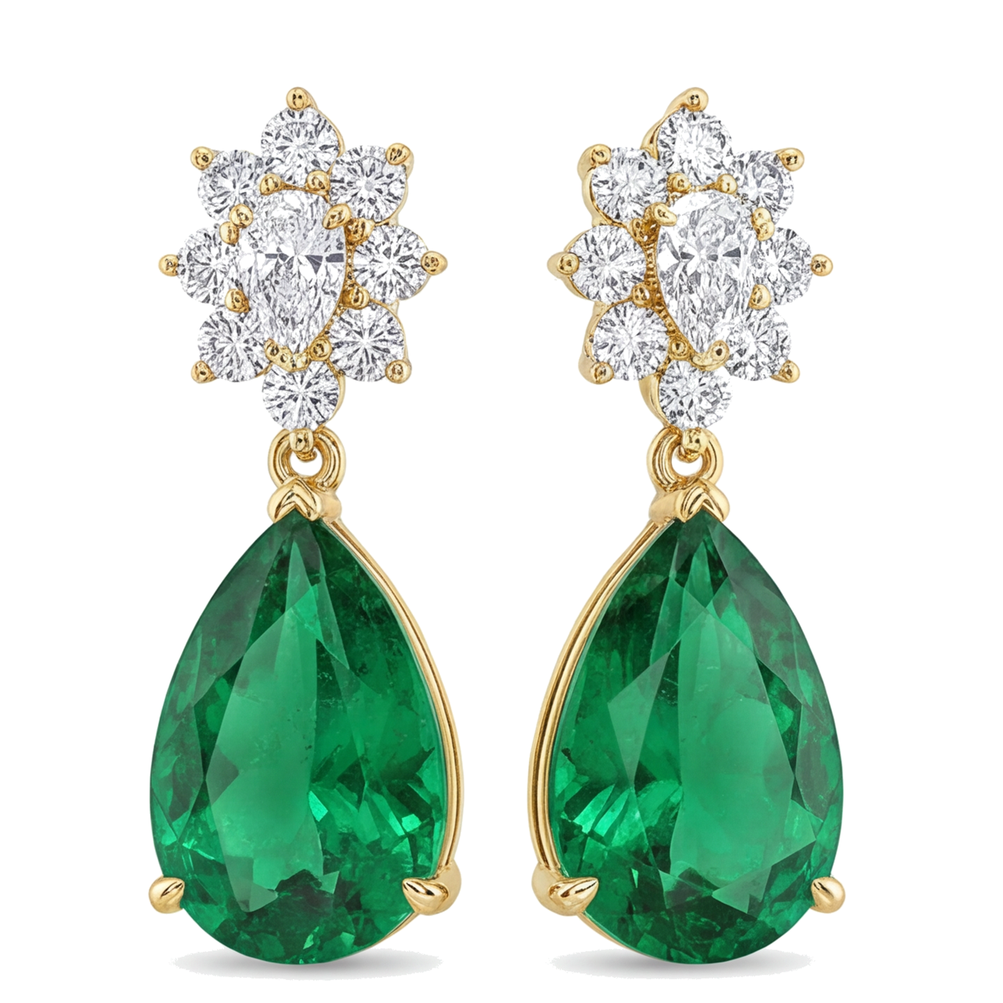 Green Emerald Earrings 5.5 Carat Lab Grown Pear Cluster Leverback 14K Yellow Gold