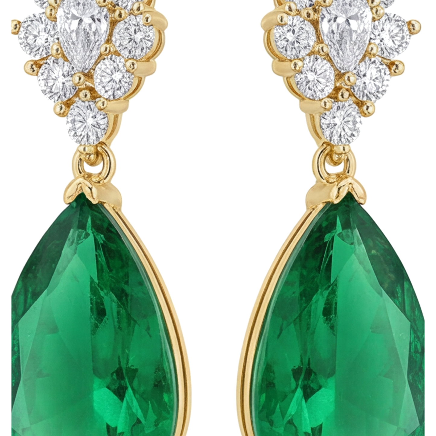 Green Emerald Earrings 5 Carat Lab Grown Pear Marquise Cluster Leverback 14K Yellow Gold