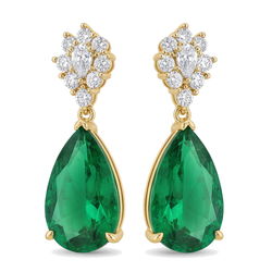 Green Emerald Earrings 5 Carat Lab Grown Pear Marquise Cluster Leverback 14K Yellow Gold