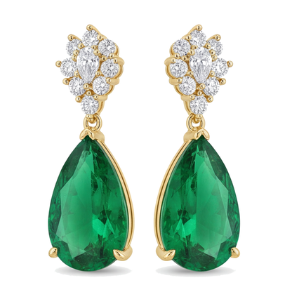 Green Emerald Earrings 5 Carat Lab Grown Pear Marquise Cluster Leverback 14K Yellow Gold