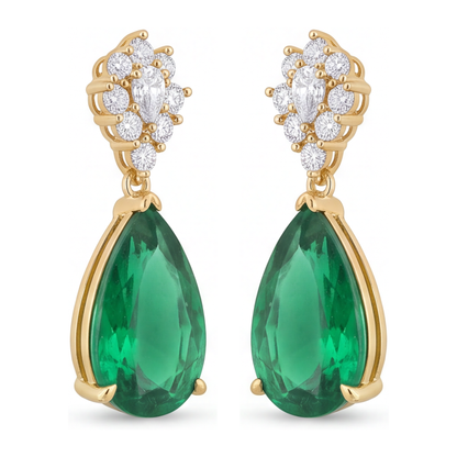 Green Emerald Earrings 5 Carat Lab Grown Pear Marquise Cluster Leverback 14K Yellow Gold