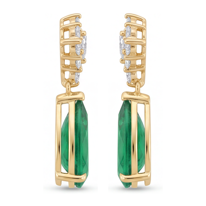 Green Emerald Earrings 5 Carat Lab Grown Pear Marquise Cluster Leverback 14K Yellow Gold