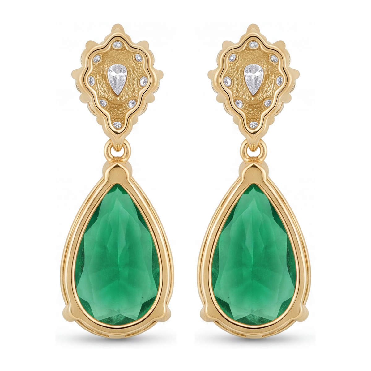 Green Emerald Earrings 5 Carat Lab Grown Pear Marquise Cluster Leverback 14K Yellow Gold