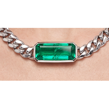 Green Emerald Miami Cuban Necklace 12 Carat Lab Grown IGI Certified Elongated Emerald Cut Bezel 16 Inch 14K White Gold