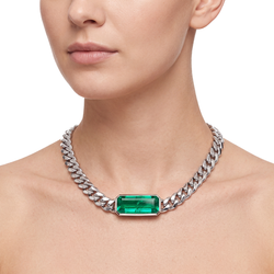 Green Emerald Miami Cuban Necklace 12 Carat Lab Grown IGI Certified Elongated Emerald Cut Bezel 16 Inch 14K White Gold