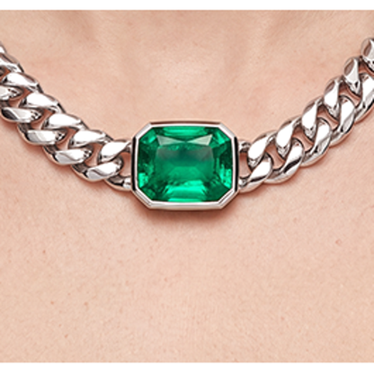 Green Emerald Necklace 10 Carat Lab Grown IGI Certified Emerald Cut Miami Cuban Chain 16 Inch 14K White Gold