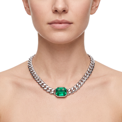 Green Emerald Necklace 10 Carat Lab Grown IGI Certified Emerald Cut Miami Cuban Chain 16 Inch 14K White Gold