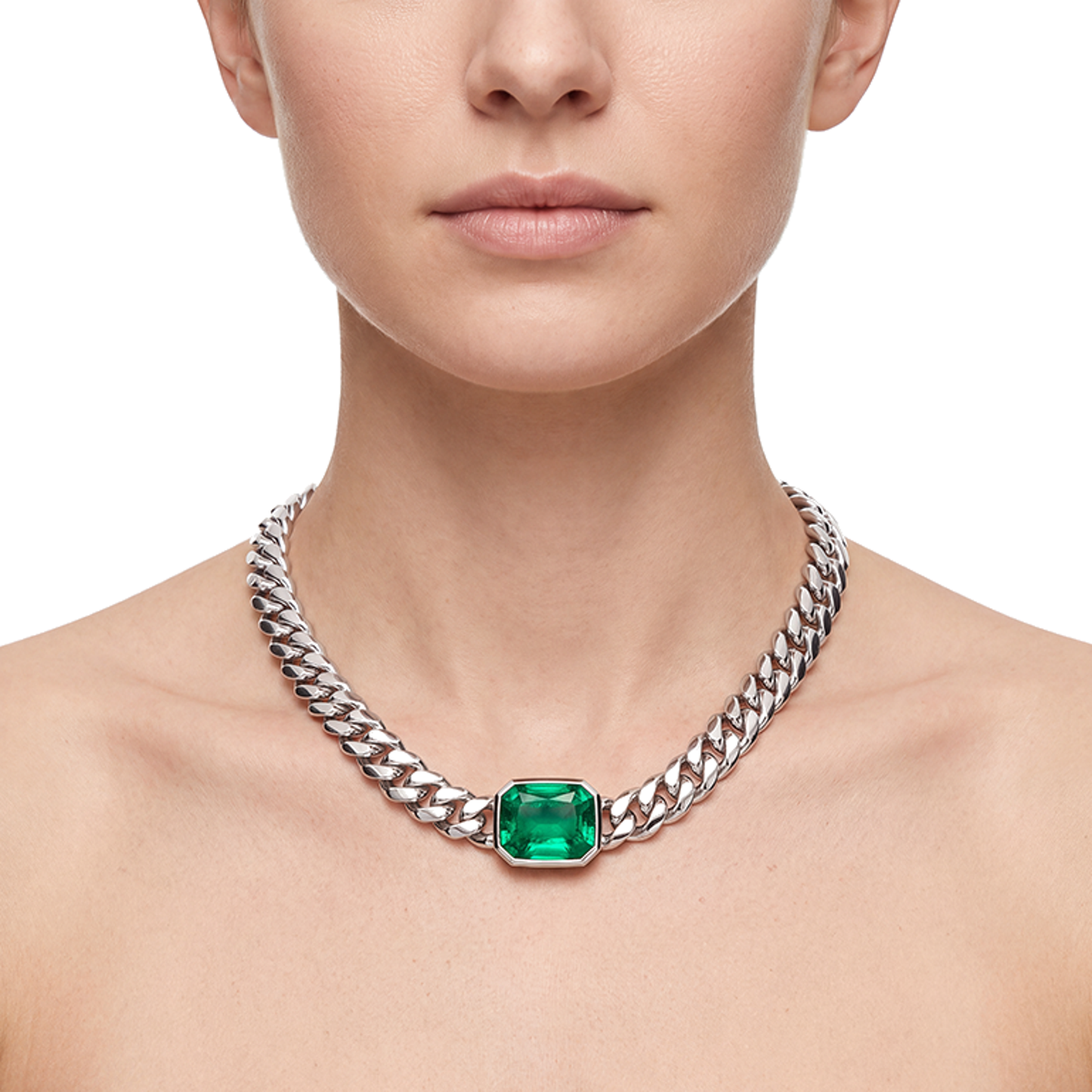 Green Emerald Necklace 10 Carat Lab Grown IGI Certified Emerald Cut Miami Cuban Chain 16 Inch 14K White Gold