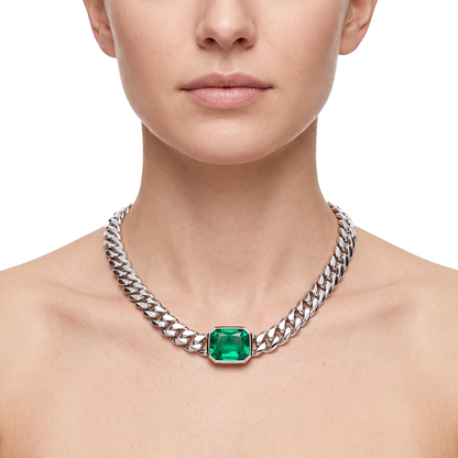 Green Emerald Necklace 10 Carat Lab Grown IGI Certified Emerald Cut Miami Cuban Chain 16 Inch 14K White Gold
