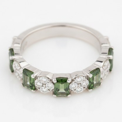 Green Tourmaline and Diamond Zigzag Band Ring Natural 18K White Gold
