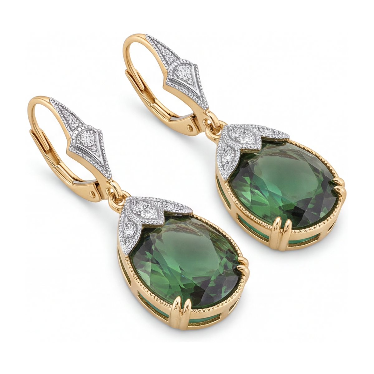 Green Tourmaline Earrings 5 Carat Lab Grown Oval Milgrain Leverback 14K Yellow Gold