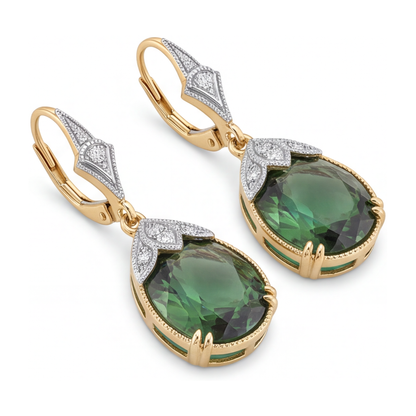 Green Tourmaline Earrings 5 Carat Lab Grown Oval Milgrain Leverback 14K Yellow Gold