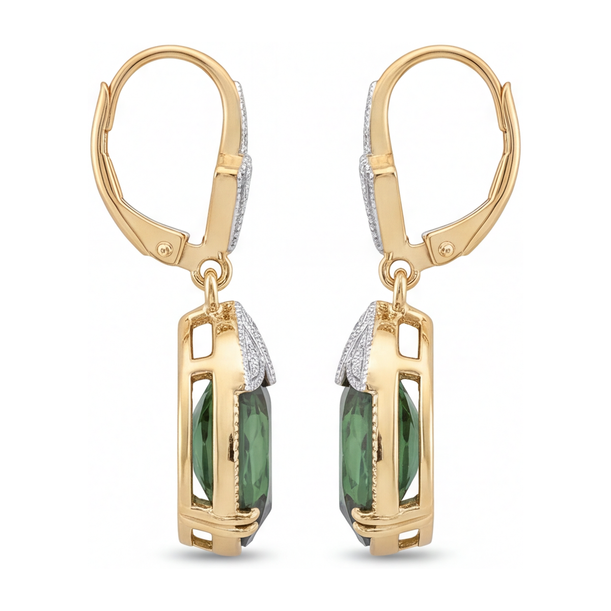 Green Tourmaline Earrings 5 Carat Lab Grown Oval Milgrain Leverback 14K Yellow Gold