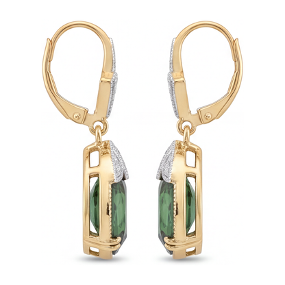 Green Tourmaline Earrings 5 Carat Lab Grown Oval Milgrain Leverback 14K Yellow Gold