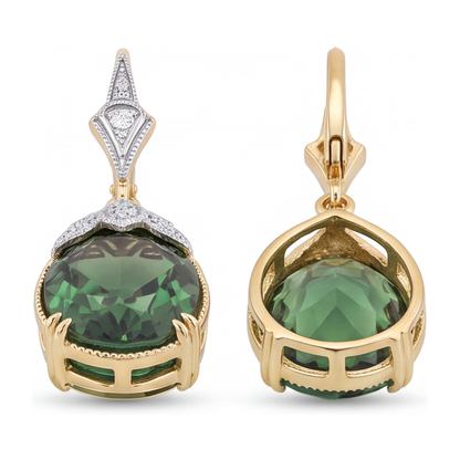Green Tourmaline Earrings 5 Carat Lab Grown Oval Milgrain Leverback 14K Yellow Gold