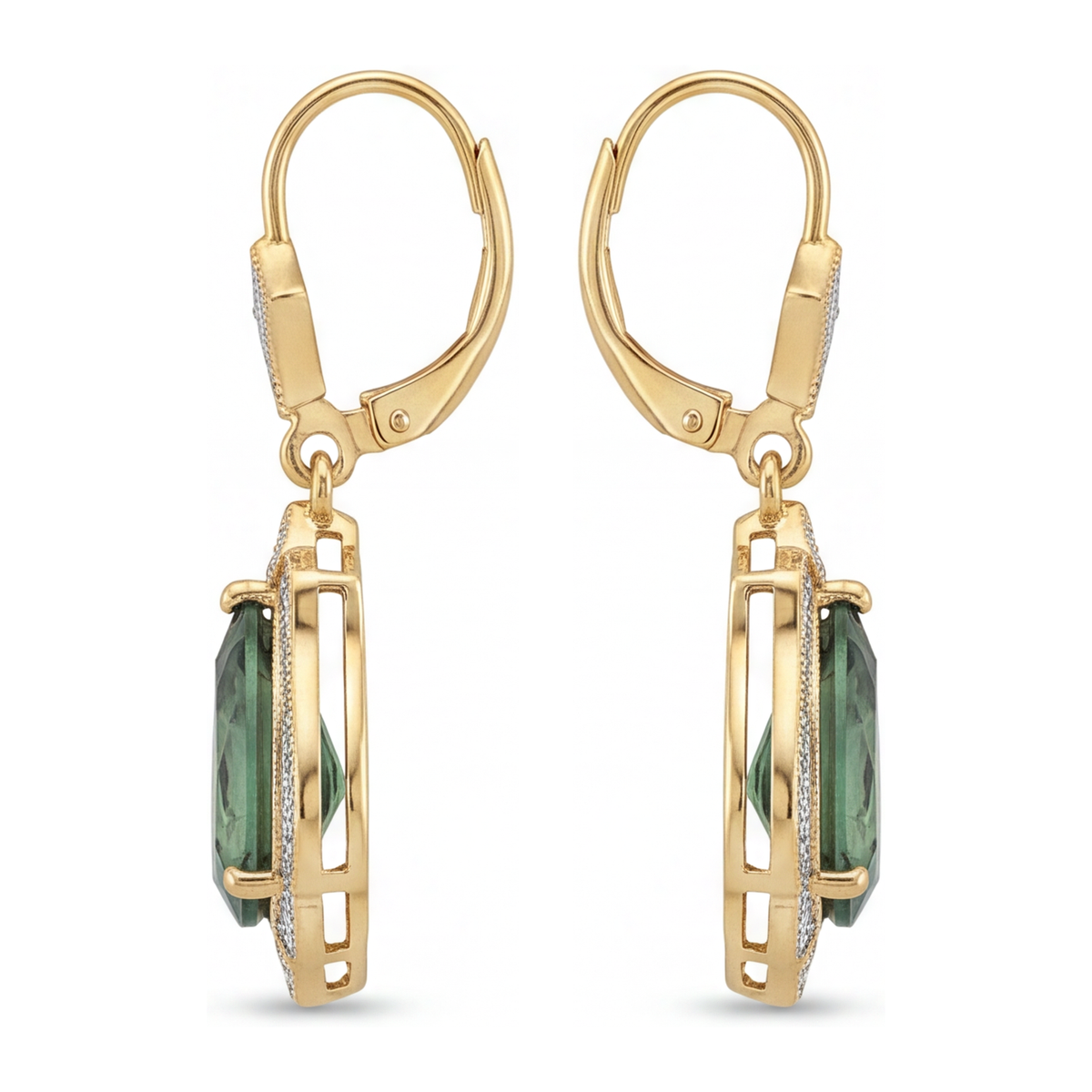 Green Tourmaline Earrings 5 Carat Lab Grown Pear Milgrain Leverback 14K Yellow Gold