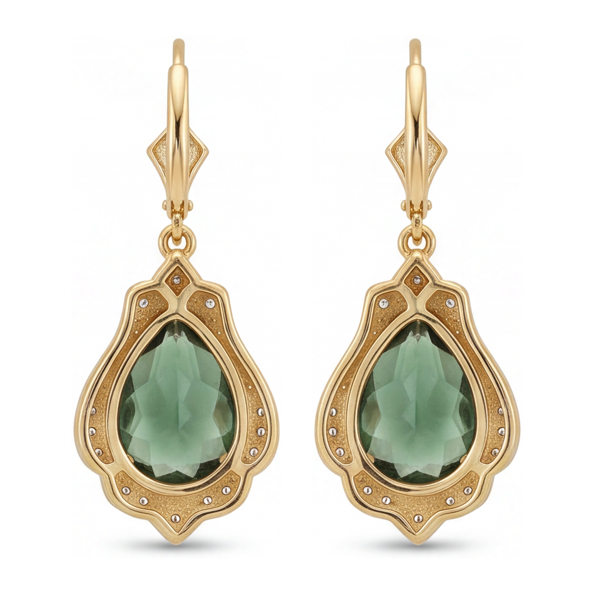 Green Tourmaline Earrings 5 Carat Lab Grown Pear Milgrain Leverback 14K Yellow Gold
