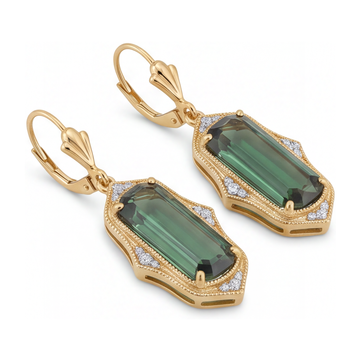Green Tourmaline Earrings 5 Carat Lab Grown Elongated Emerald Cut Milgrain 14K Yellow Gold