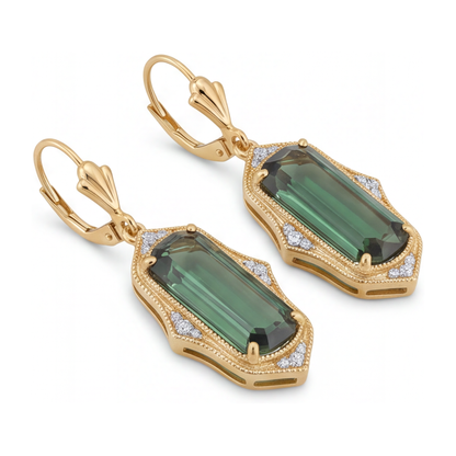 Green Tourmaline Earrings 5 Carat Lab Grown Elongated Emerald Cut Milgrain 14K Yellow Gold