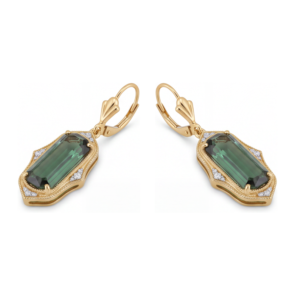 Green Tourmaline Earrings 5 Carat Lab Grown Elongated Emerald Cut Milgrain 14K Yellow Gold