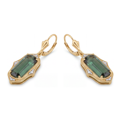 Green Tourmaline Earrings 5 Carat Lab Grown Elongated Emerald Cut Milgrain 14K Yellow Gold